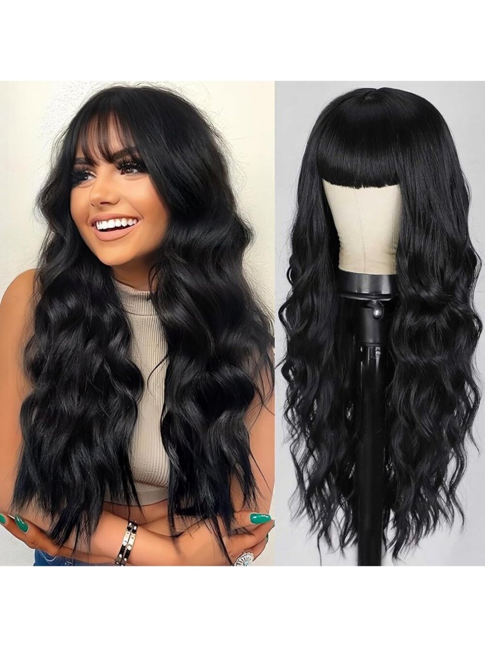 Women's Fashion Black Soft Long Natural Looking Wavy Curly Wig with Bangs